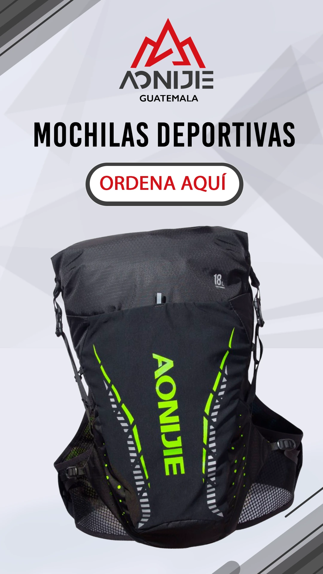 Pieza promocional de AONIJIE Guatemala para mochilas deportivas