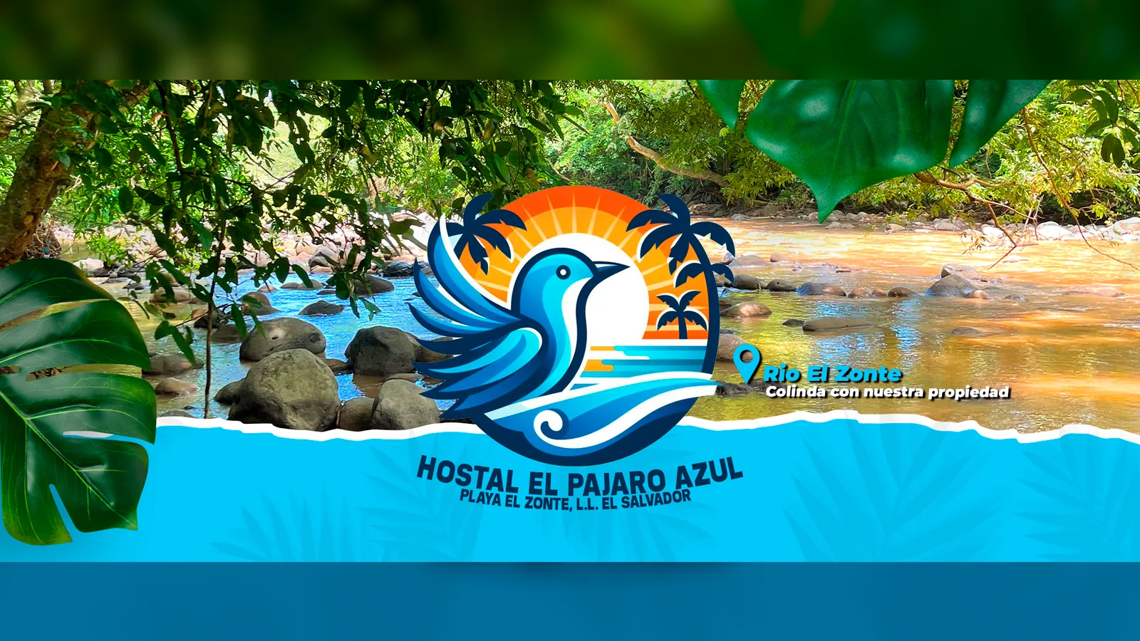 Portada de Hostal El Pájaro Azul con su logo sobre el río El Zonte