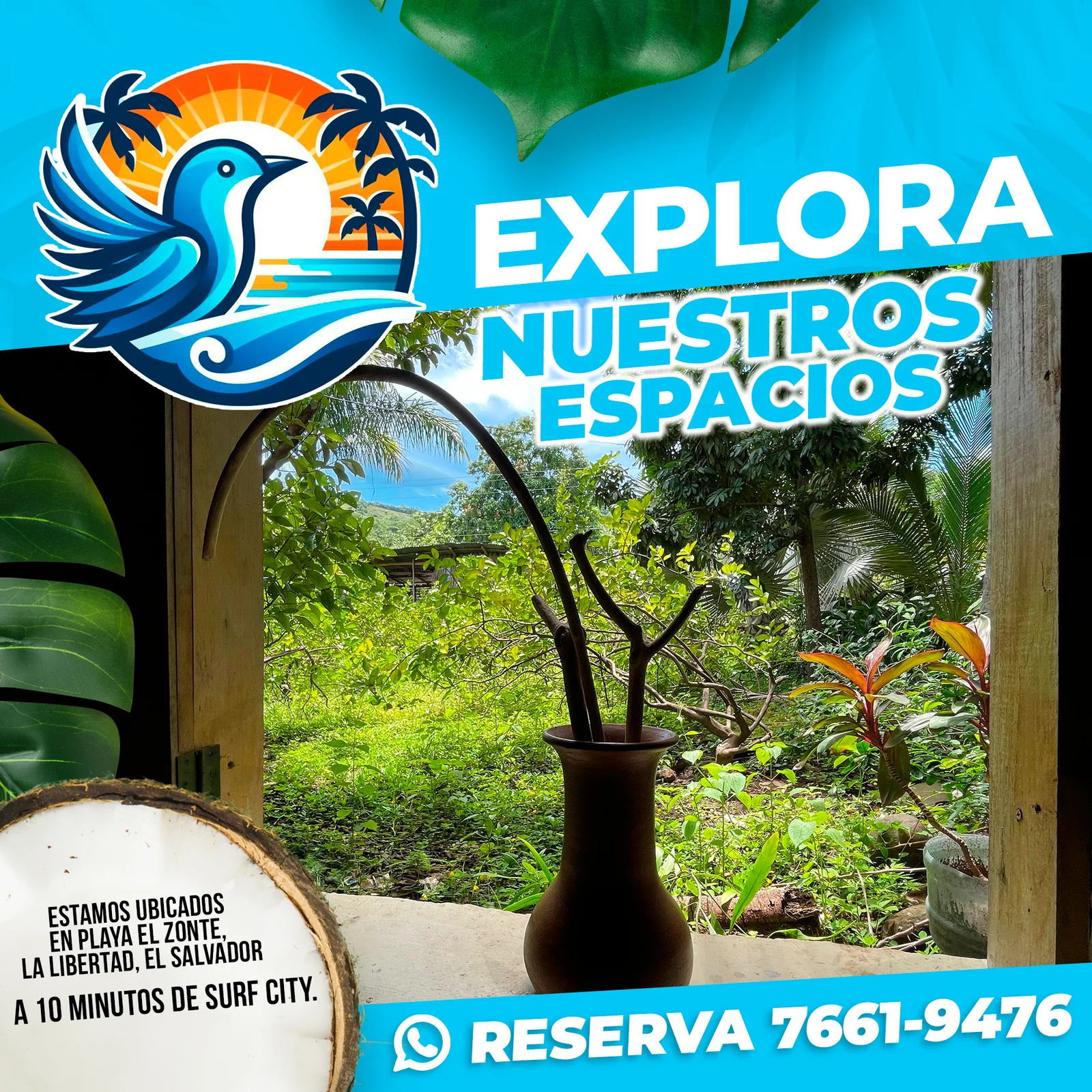 Post de El Pájaro Azul que invita a explorar sus espacios rodeados de naturaleza