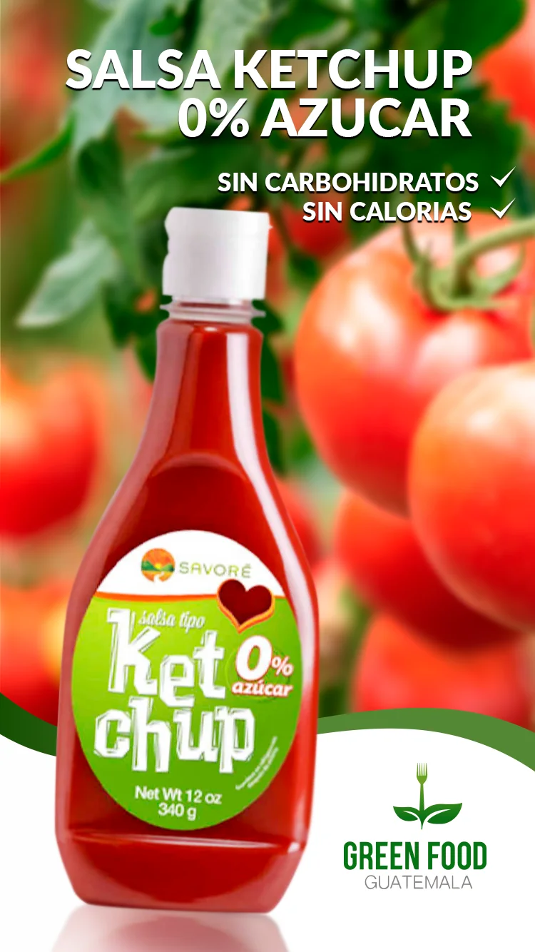 Pieza vertical de Green Food Guatemala para salsa ketchup sin azúcar