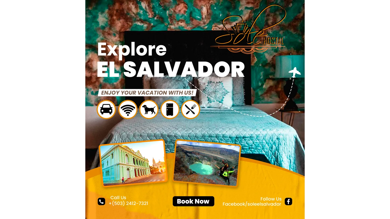 Pieza de Hostal Sole El Salvador que muestra una habitación y lugares turísticos de El Salvador