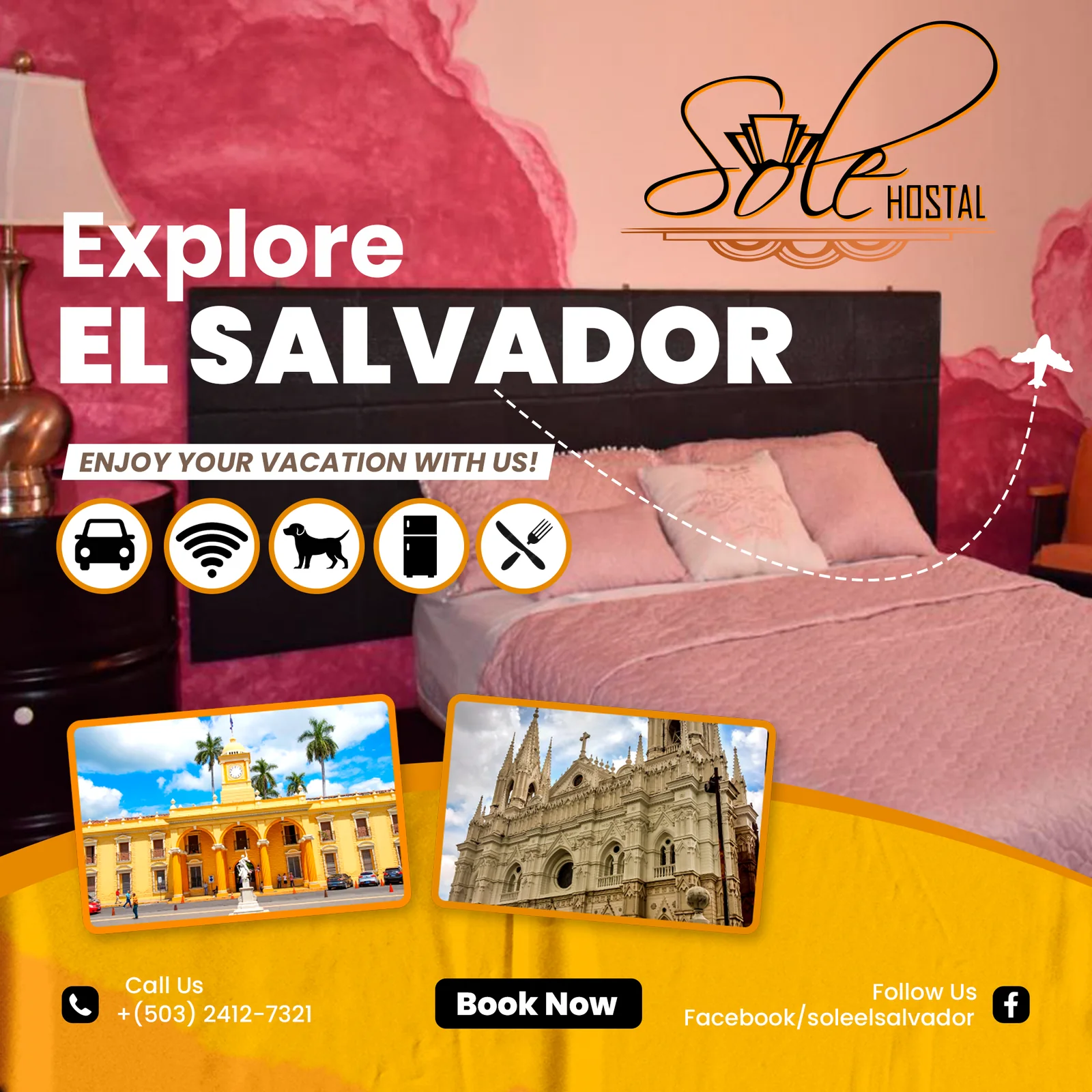 Post de Hostal Sole El Salvador con una habitación y lugares turísticos de El Salvador