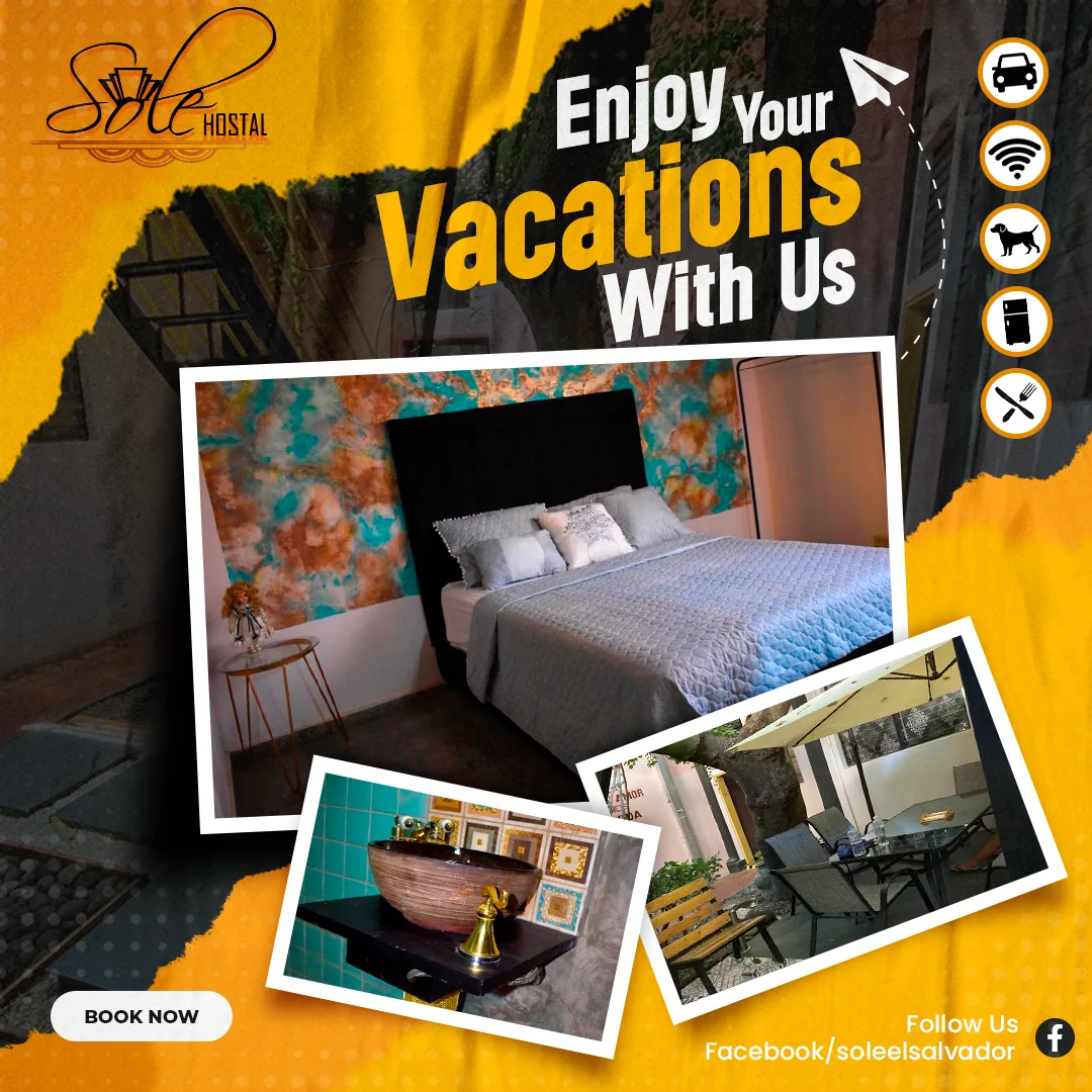 Post de Hostal Sole El Salvador con habitación, baño y terraza del hostal