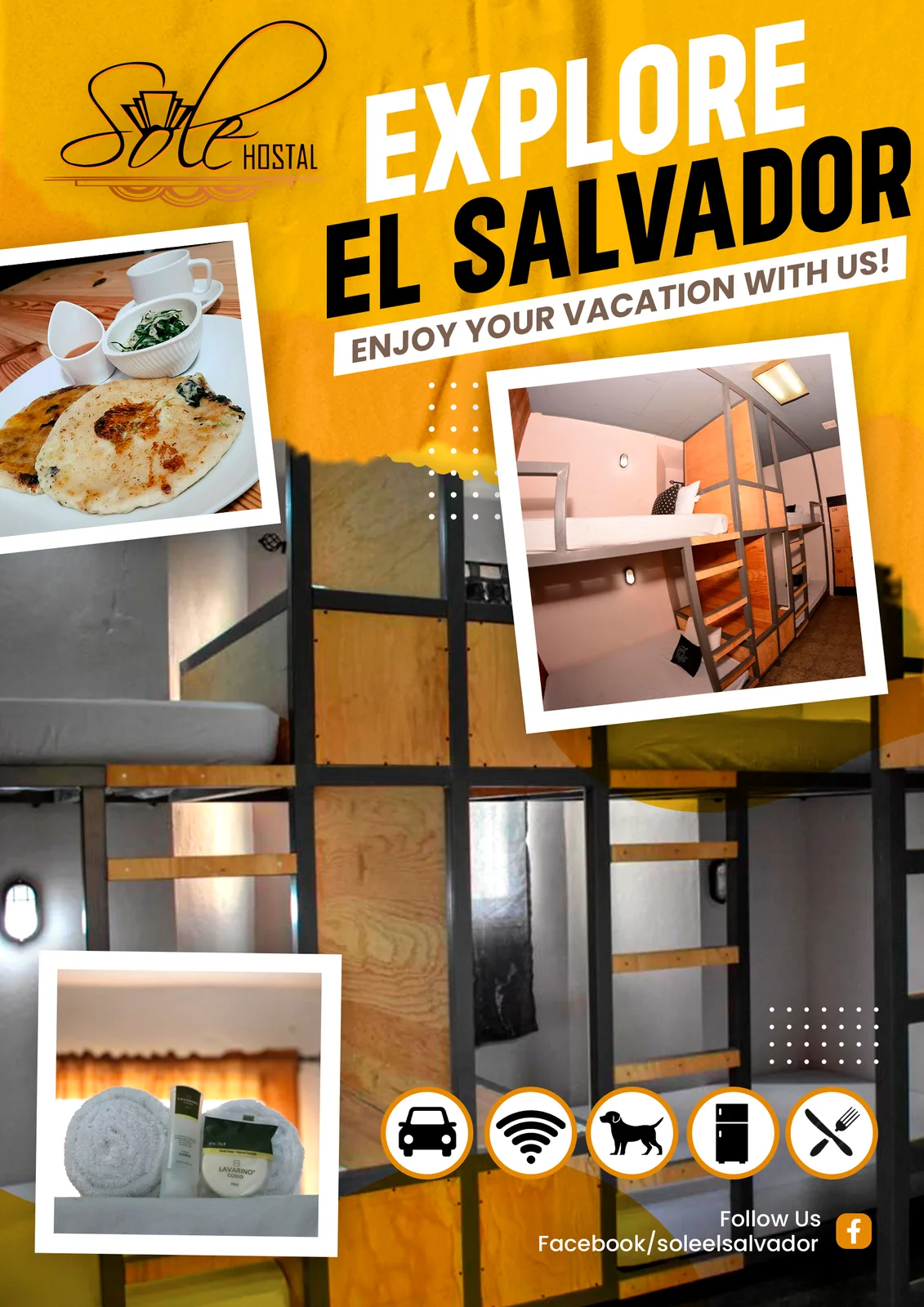 Afiche de Hostal Sole El Salvador con habitaciones, comida y servicios del hostal