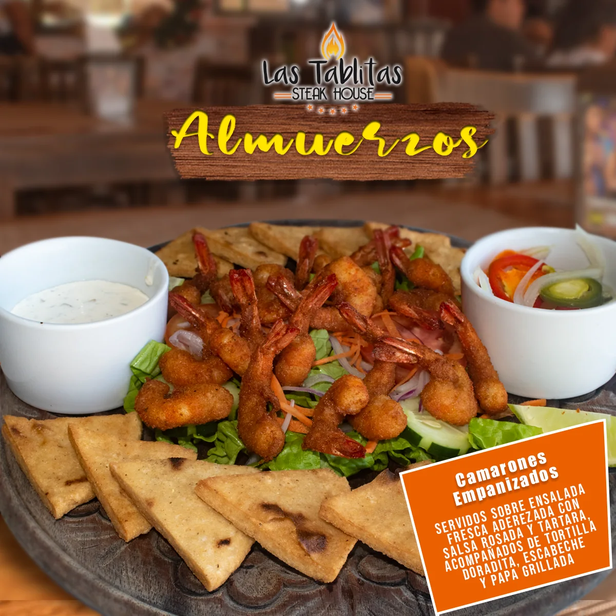 Post de almuerzos de Las Tablitas Steak House con camarones empanizados
