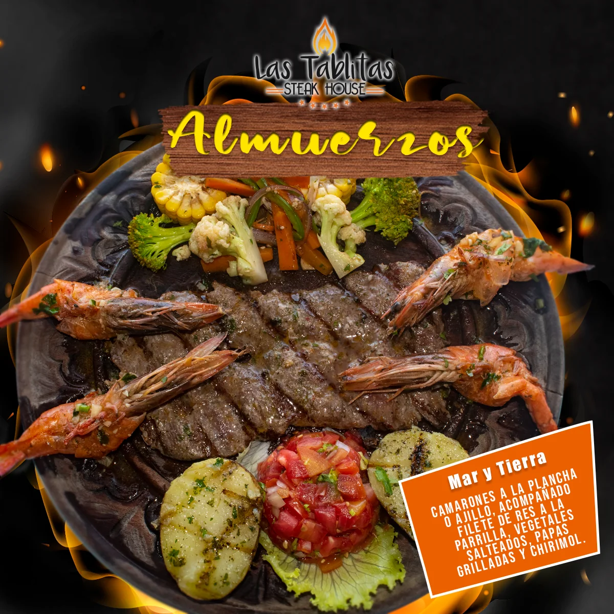 Post de almuerzos de Las Tablitas Steak House con plato mar y tierra