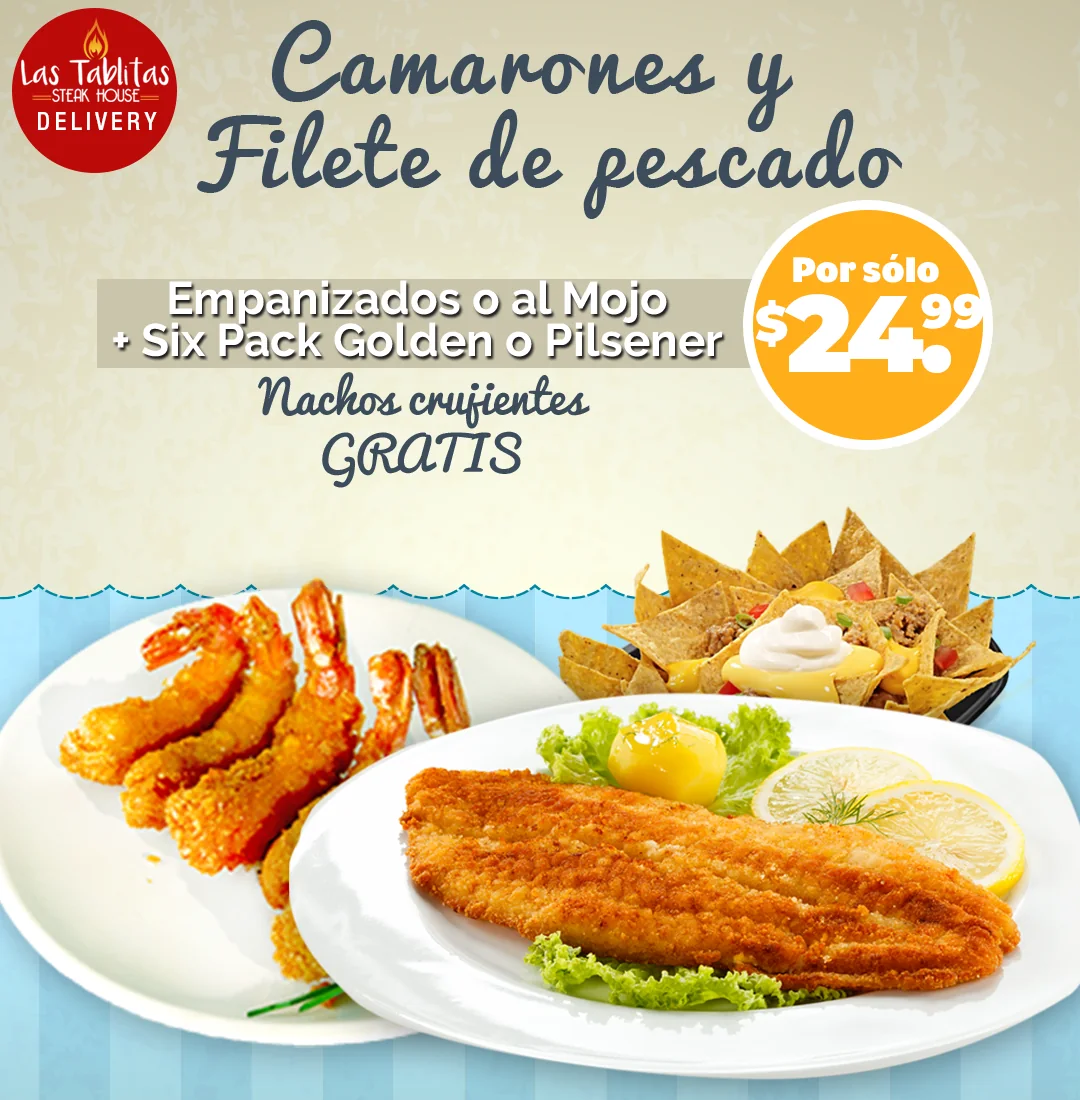 Pieza de delivery de Las Tablitas Steak House para camarones y filete de pescado